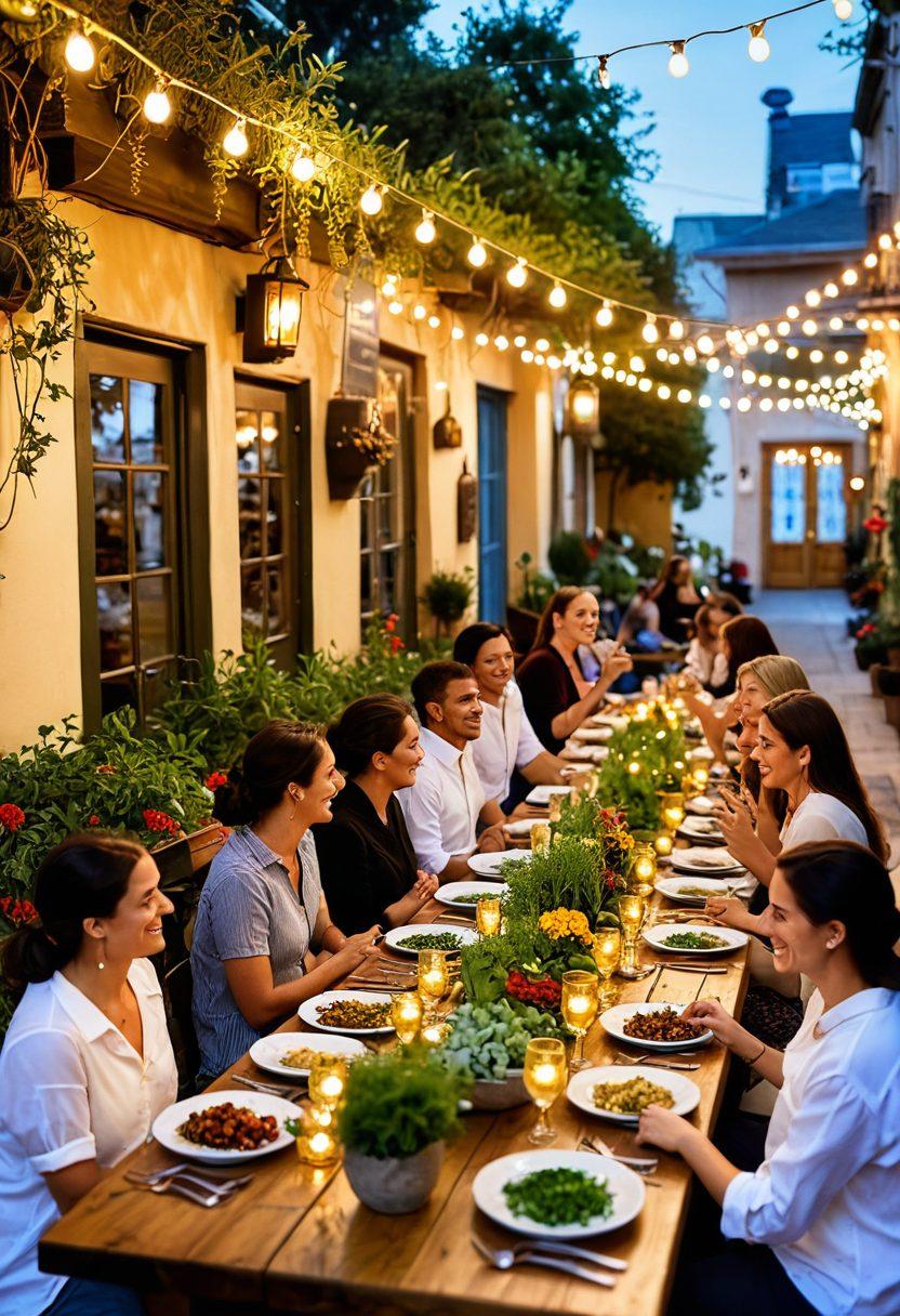 A vibrant table setting featuring an array of traditional dishes from various cultures, beautifully plated with fresh herbs and spices. Surround it with happy diners enjoying their meals outdoors, in a cozy local restaurant filled with colorful decorations and fairy lights. Capture the essence of community and flavor in a sunlit atmosphere. super-realistic. vibrant colors. outdoor dining.