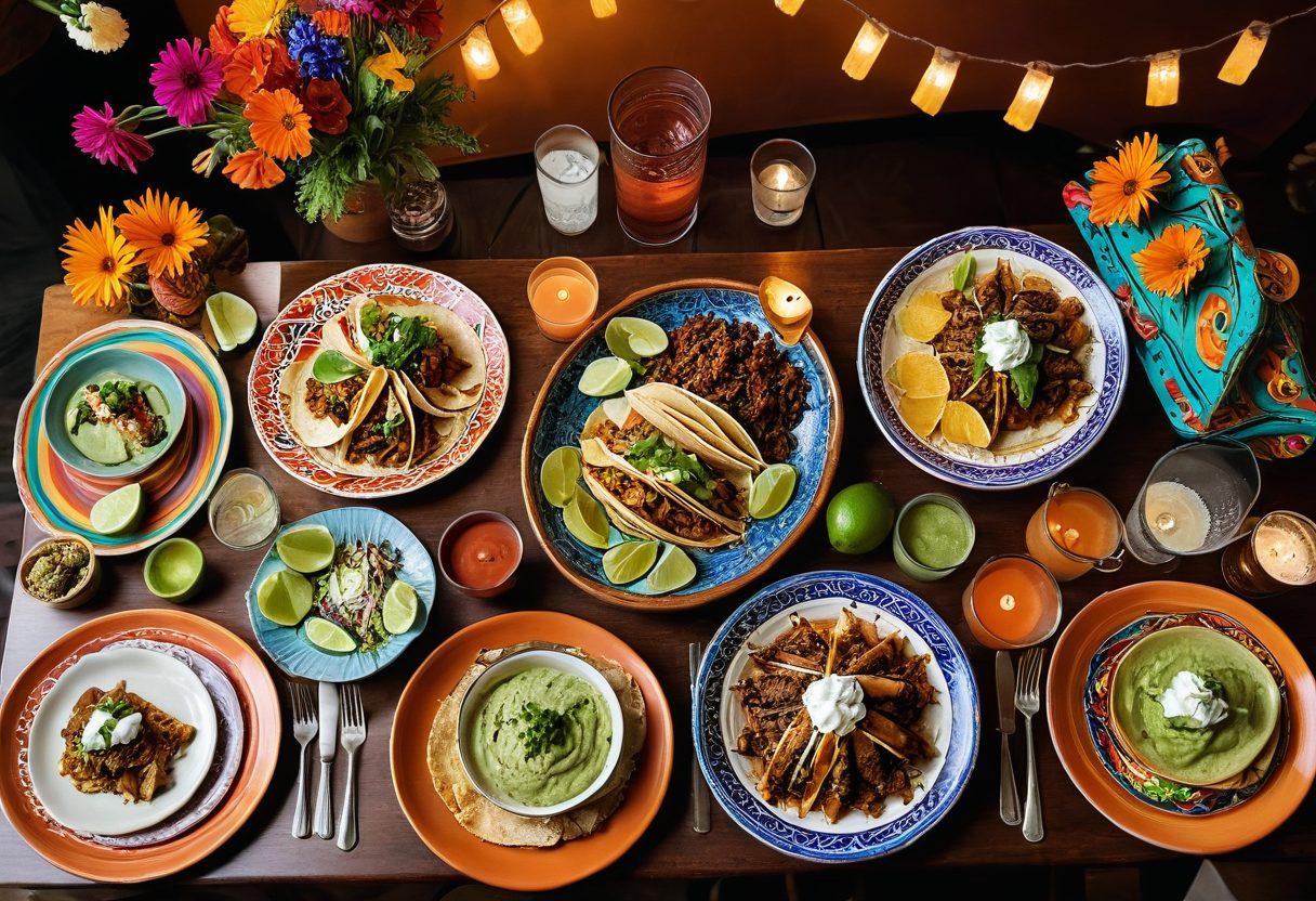 A vibrant scene showcasing a beautifully set table with colorful traditional Mexican dishes such as tacos, enchiladas, and guacamole, surrounded by lively decorations like papel picado and terracotta pottery. Include happy diners clinking glasses of margaritas, with a warm, inviting atmosphere that highlights the authenticity of the dining experience. super-realistic. vibrant colors. warm lighting.